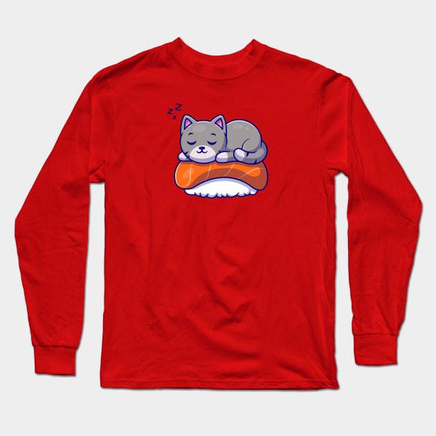 Cute Cat Sleeping On Sushi Salmon Cartoon Long Sleeve T-Shirt by Catalyst Labs